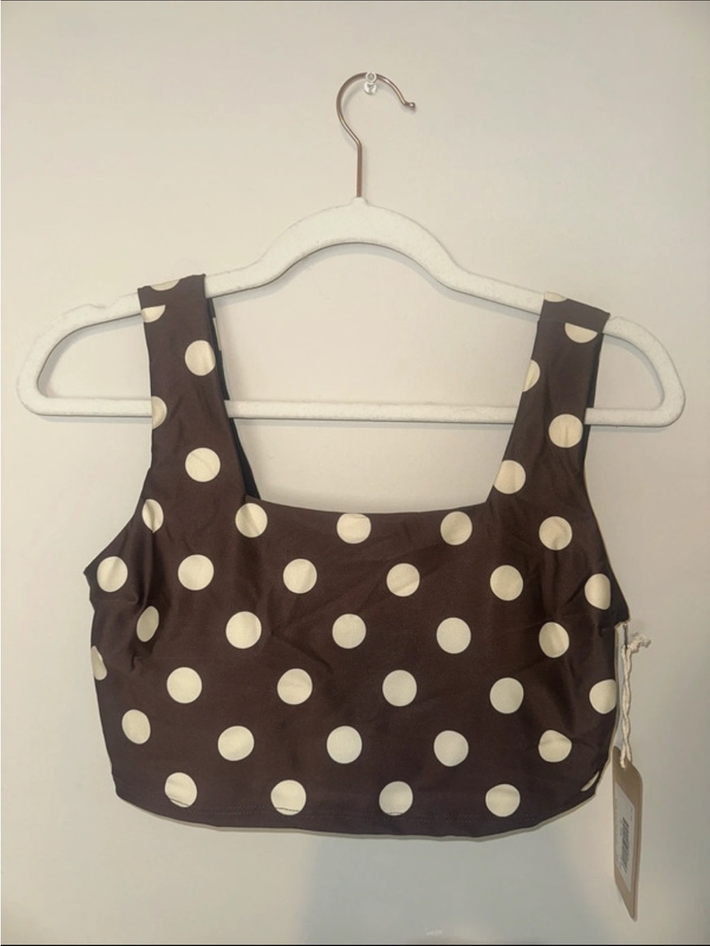 Albion Polka Dot Brown and Beige Cropped Swim Tank Top full cup cover - Women